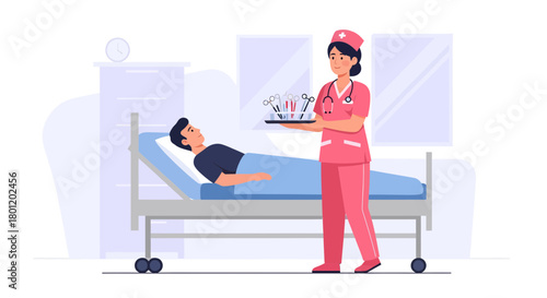 Hospital Scene Depicting Patient Care, Nurse Holding Tools, Medical Treatment And Healing