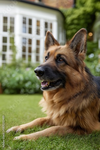 Portrait of a german shepherd lying on grass in front of a house