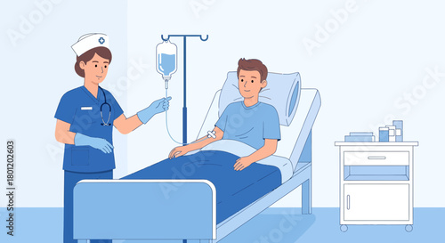 Hospital Treatment Illustration Depicting Healthcare Worker and Patient Receiving IV Drip
