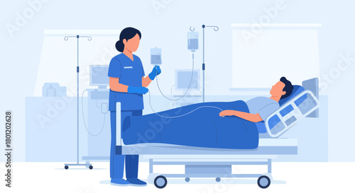 Hospitalized Patient Undergoing Treatment as Attending Nurse Adjusts Infusion Drip