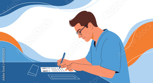 Illustration Of A Man Writing With A Pen On Paper At A Desk Work Concept