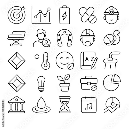 collection of various minimalist icons, suitable for representing various concepts. Including targets, graphs, medical symbols, and other essential elements.