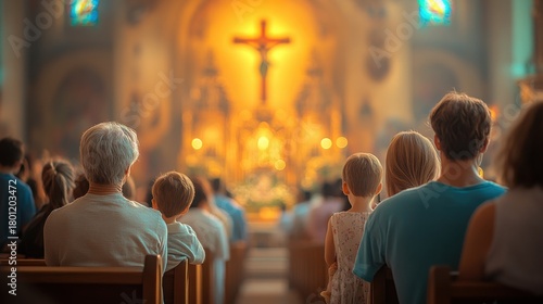 People gathered in a church hall for a service, with a Catholic cross and stained glass windows softly illuminated in the background