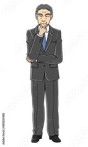 ニヤニヤしながら顎に手をあてて立つスーツの中年男性