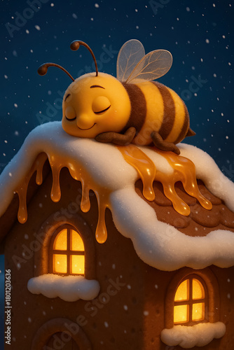 Cute cartoon bee resting on gingerbread house with honey dripping in a snowy night scene