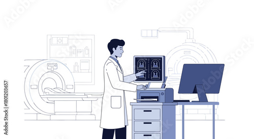 Medical Professional Analyzing Medical Scans in a Modern Examination Room Setting