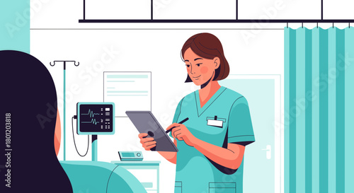 Medical Professional Evaluating Patient Data Using a Digital Tablet in Hospital Setting