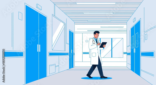 Medical Professional Examines Digital Tablet While Walking in a Hospital Corridor