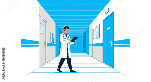 Medical Professional Examining Tablet While Walking Down Hospital Corridor Vector