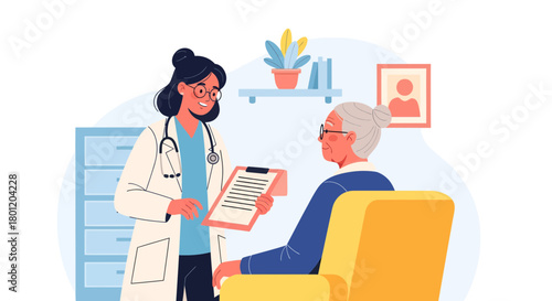 Medical Professional Explaining Health Report To Senior Patient During Consultation