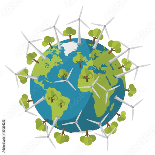 Earth powered by wind: global landscape featuring wind turbines and trees around a blue planet.