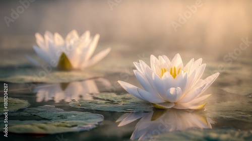lotus. A white lotus flower blooming in muddy pond water at sunrise. gardening catalogs, home-decor guides, designed for gardening and botanical catalogs, enhances decor appeal.
