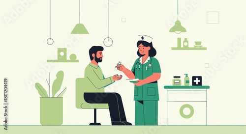 Medical Professional Healthcare Scene Illustrating A Patient Receiving Treatment From Nurse Or