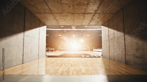 Basketball Court Transition: From Dark Tunnel to Lit Arena, Cinematic and Dramatic Visuals