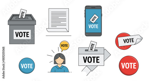 Collection of various voting and election icons featuring ballot boxes vote buttons a voting paper a phone with vote screen and a person thinking about voting.