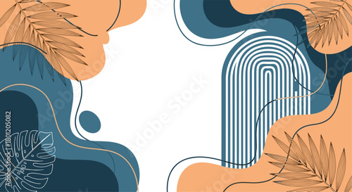 Abstract art background with flowing organic shapes tropical leaves and a modern arch design in warm autumn colors.