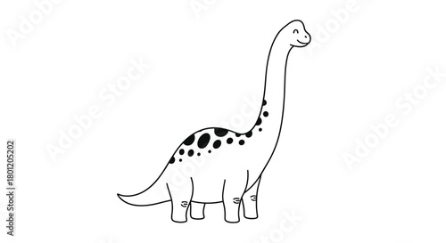 Simple black and white outline illustration of a friendly long-necked dinosaur with spots perfect for coloring books or children's activities.