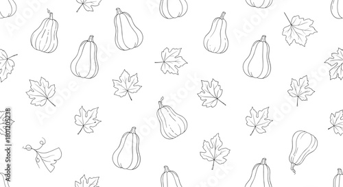 Seamless outline pattern of various pumpkins and autumn leaves on a white background perfect for fall seasonal decorations.