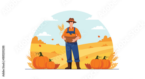 Male farmer holding a basket of pumpkins in an autumn field with wheat and rolling hills capturing the spirit of harvest.