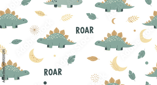 Cute seamless pattern with cartoon stegosaurus dinosaurs moons and leaves on a white background creating a dreamy prehistoric scene.