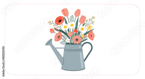 Charming illustration of a watering can overflowing with a colorful bouquet of wildflowers and garden flowers perfect for spring.