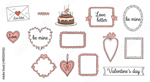 Charming collection of Valentine's Day elements including love letters hearts a cake and decorative frames in a hand-drawn style.