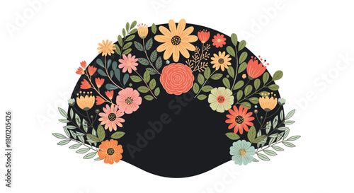 Beautiful semi-circular floral arrangement with various flowers and leaves creating a vibrant and natural decorative element.