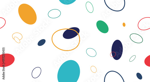 Dynamic abstract background with colorful floating circles and ellipses creating a playful and modern geometric design.