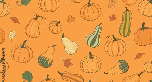 Vibrant seamless pattern with various pumpkins squash and autumn leaves on a warm orange background ideal for fall harvest designs.