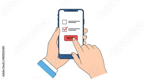 Hand holding a smartphone with an online voting interface and a finger tapping the "VOTE" button symbolizing modern elections.