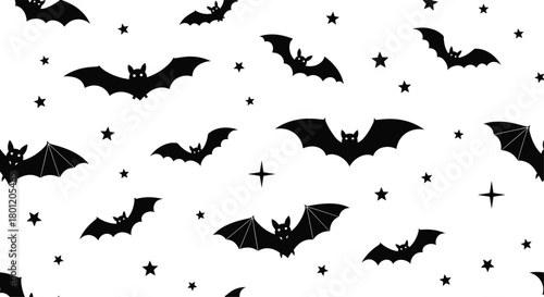 Spooky seamless pattern with black bats and twinkling stars scattered randomly on a white background for a classic Halloween design.