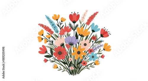 Vibrant bouquet of colorful wildflowers and garden flowers arranged beautifully perfect for spring summer or decorative designs.