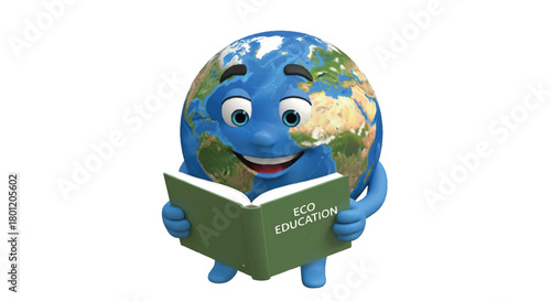 Playful Earth Mascot Reading a Book Promoting Education and Environmental Awareness.