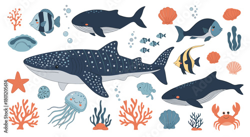 Adorable collection of cartoon ocean animals and marine life featuring whales a whale shark fish crabs and corals.