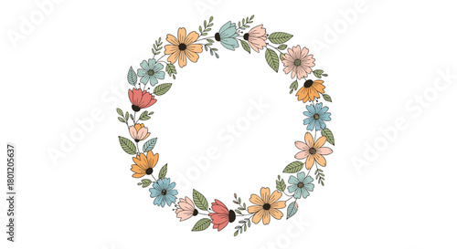 Beautiful floral wreath illustration featuring a vibrant assortment of colorful flowers and green leaves perfect for invitations.
