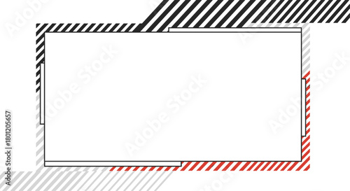 Dynamic abstract frame with bold black red and gray stripes surrounding a central white rectangle ideal for modern presentations.