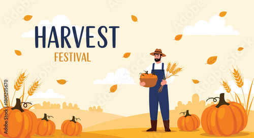 Warm harvest festival illustration depicting a farmer holding pumpkins and wheat in a field with falling autumn leaves.