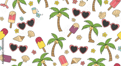 Playful seamless pattern with dashed outlines of palm trees ice cream heart sunglasses seashells and flowers ideal for summer.