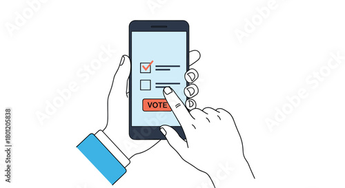 Human hand holding a smartphone displaying an online voting application with a finger tapping the "VOTE" button.