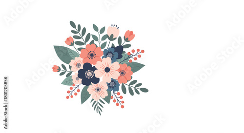 Elegant bouquet of vibrant colorful flowers and berries with rich green leaves creating a charming floral arrangement.