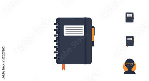 Set of detailed icons featuring a black notebook with a pen and smaller versions along with a user profile icon.