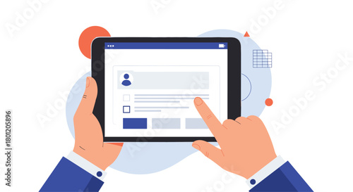 Human hands holding a tablet device displaying an online form or survey with a finger tapping the interactive screen.