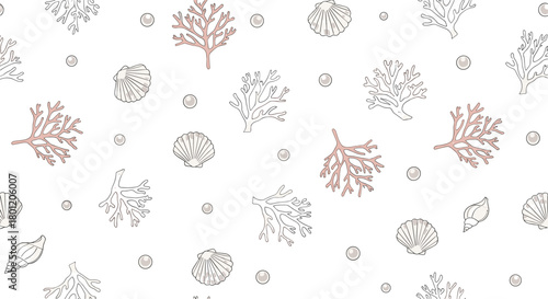 Delicate seamless pattern featuring elegant seashells corals and shimmering pearls scattered across a clean white background.