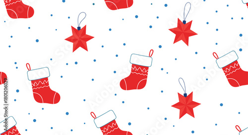 Festive seamless pattern featuring classic red Christmas stockings and star ornaments scattered with blue dots on a white background.