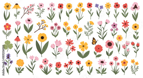 Extensive collection of diverse colorful flat style flowers with charming stems and leaves including a playful butterfly.