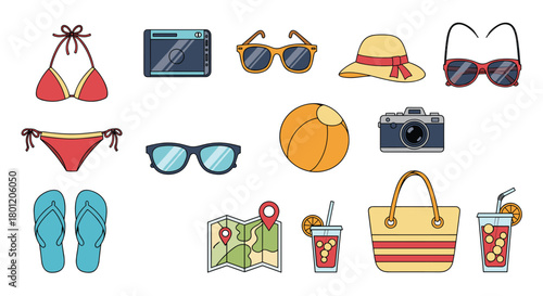 Essential collection of colorful summer vacation items featuring a bikini camera sunglasses a hat and refreshing drinks.