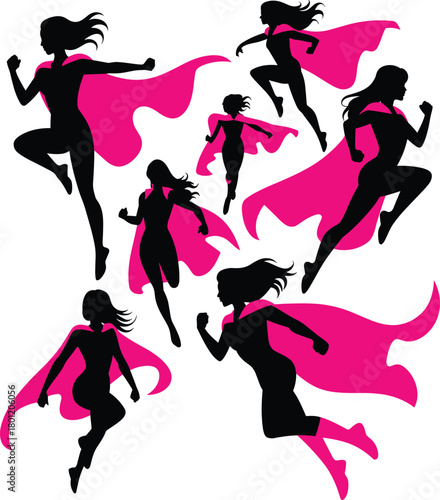Female superhero silhouette set, dynamic action poses, pink cape vector, empowerment motion, black illustration, heroic woman design