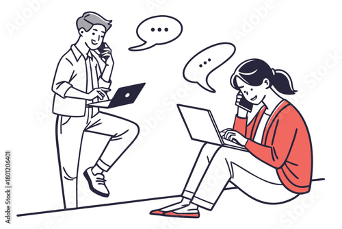 People with devices set. Female and male characters use smartphone, laptop, tablet and talking, typing, texting, chatting. Business doodle outline concept. Vector ... See More
