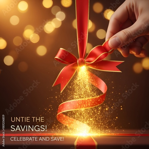 A festive hand holding a red ribbon with golden sparkles and a glowing light effect, creating a magical and celebratory atmosphere for savings and holiday cheer