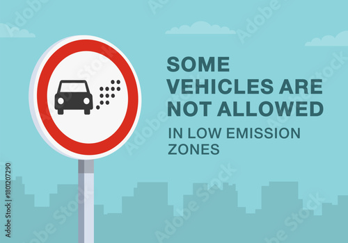 Safe driving tips and traffic regulation rules. Close-up of european "no certain vehicles" sign meaning. Some vehicles are not allowed in low emission zone. Flat vector illustration template.